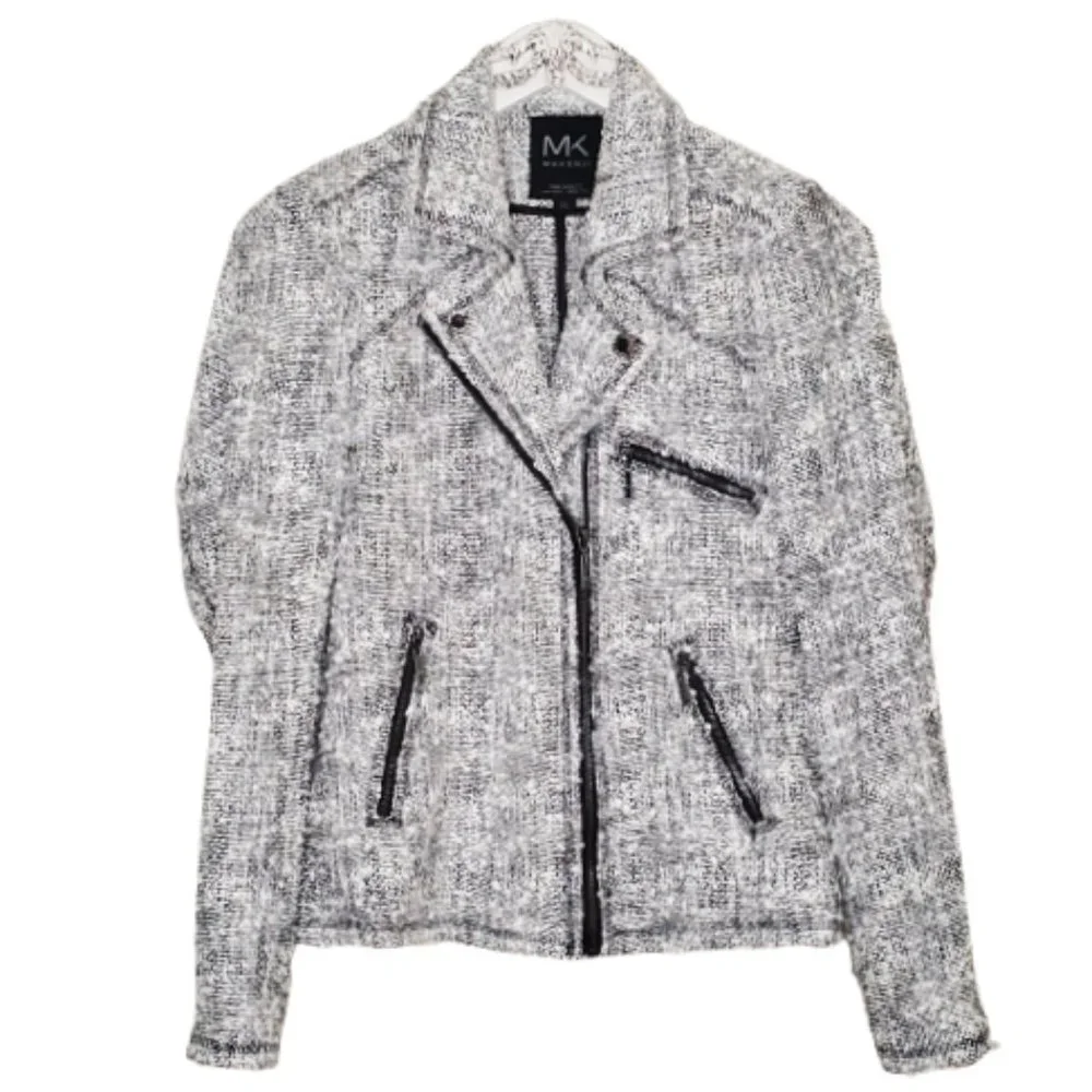 Makenji Womens Size 12 Black and White Medium Tweed Moto Long Sleeve Jacket